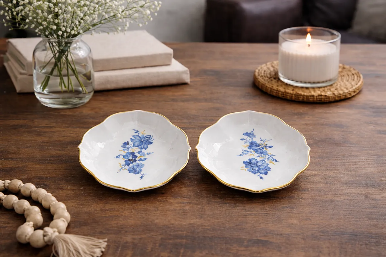 Coppia Piattini Meissen acquatinta blu e oro, anni '50 1