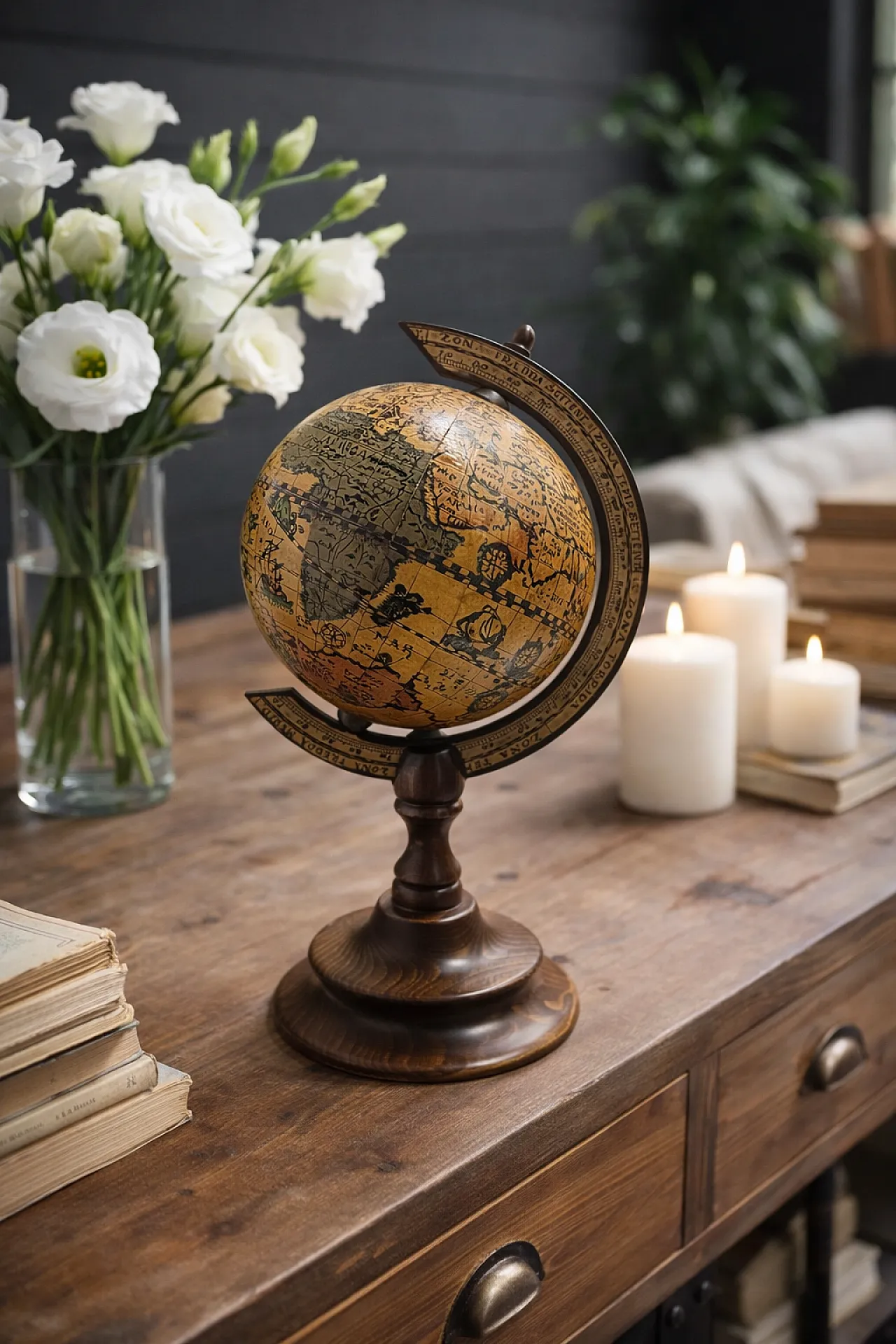 Globe Old World Map Wooden Desk Globe, 70s 1
