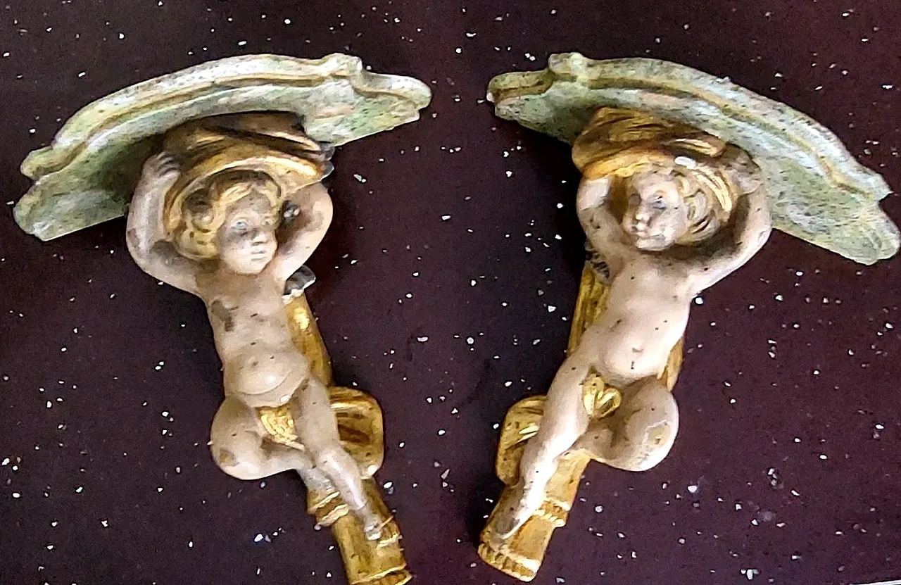 Pair of carved wooden shelves with angels, early 20th century 1