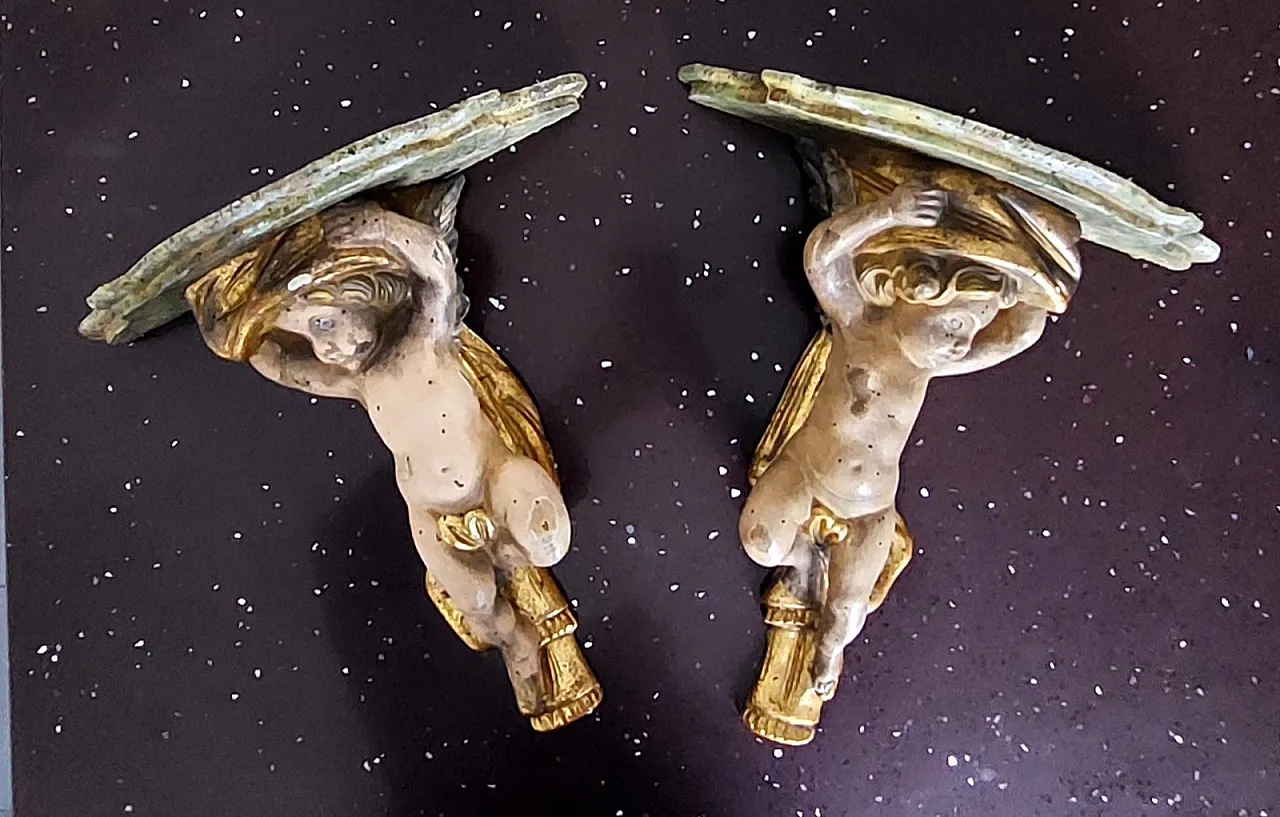 Pair of carved wooden shelves with angels, early 20th century 2