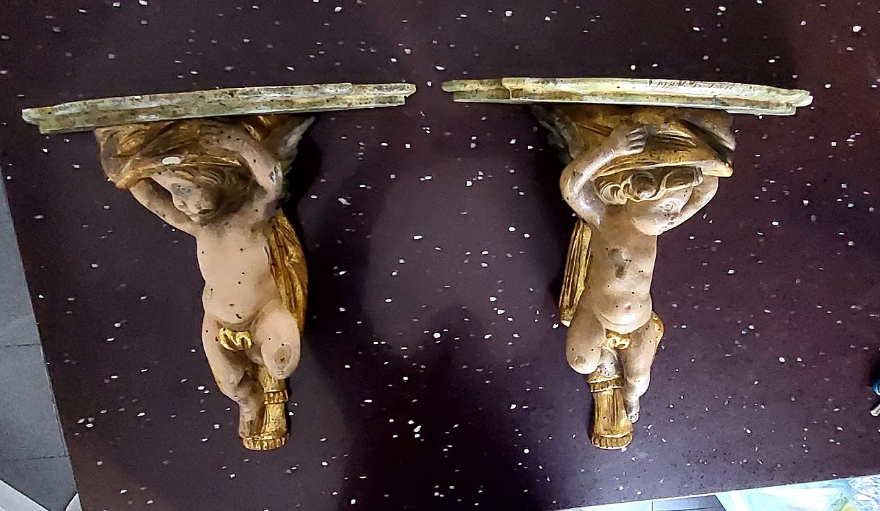 Pair of carved wooden shelves with angels, early 20th century 3