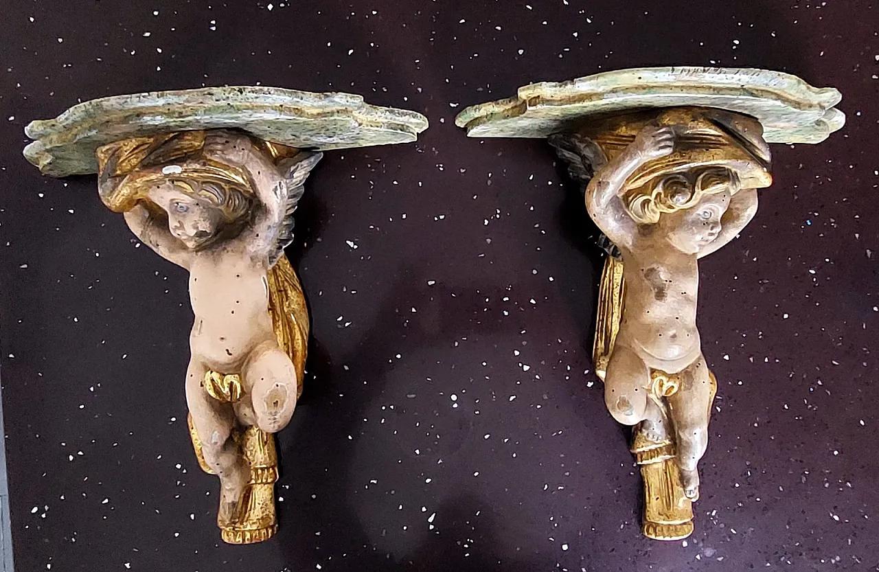 Pair of carved wooden shelves with angels, early 20th century 12