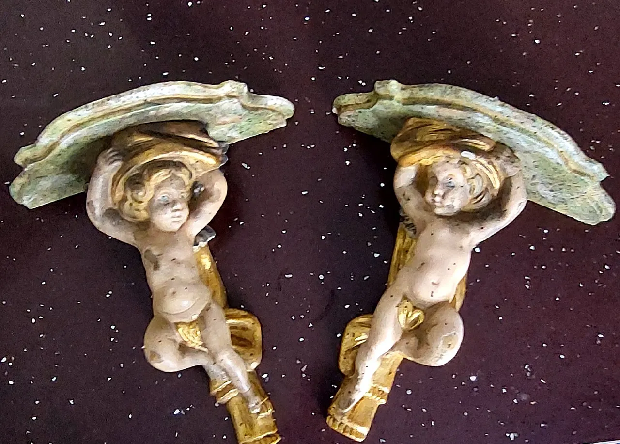 Pair of carved wooden shelves with angels, early 20th century 13