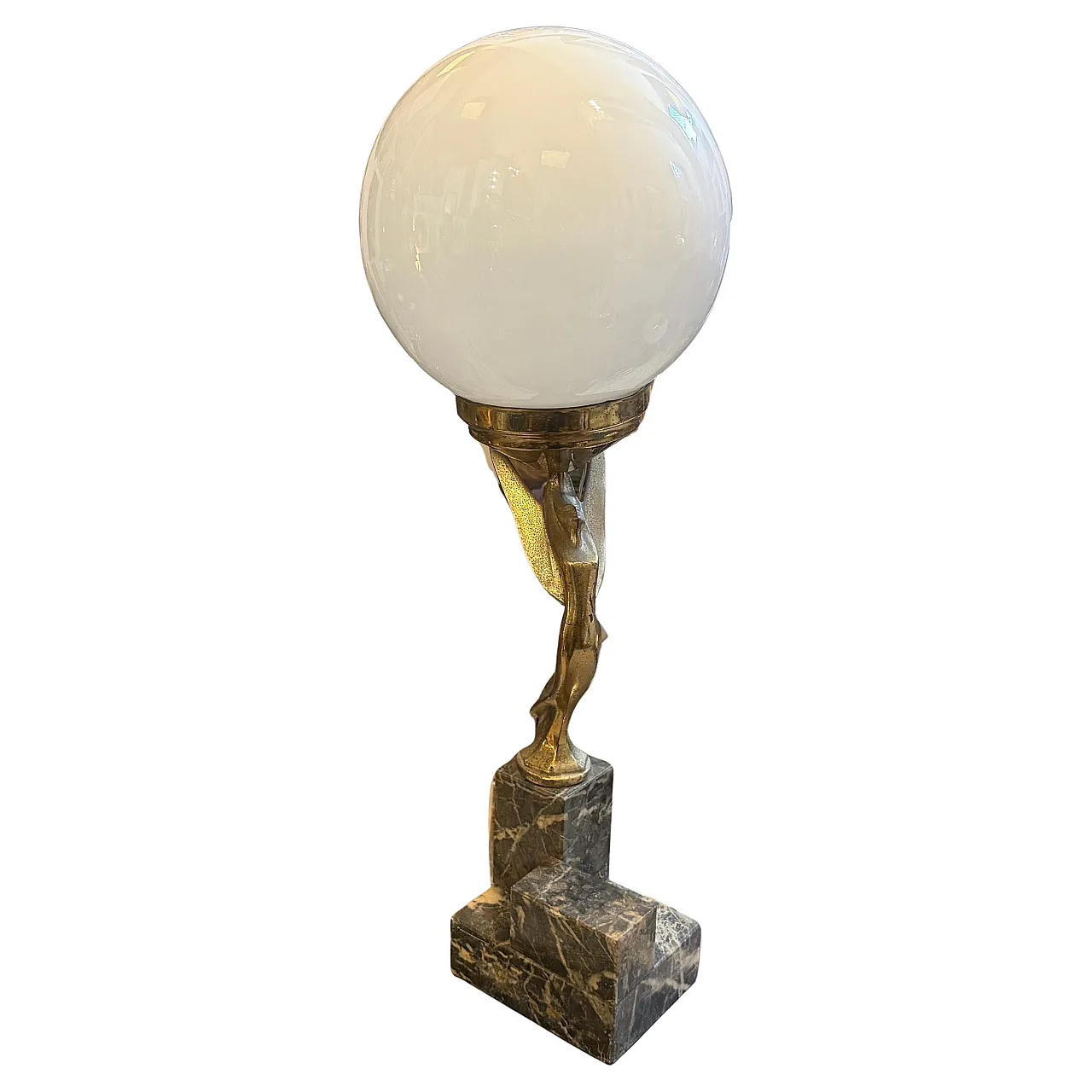 Marble, gilded metal and milk glass table lamp, 1930s 1