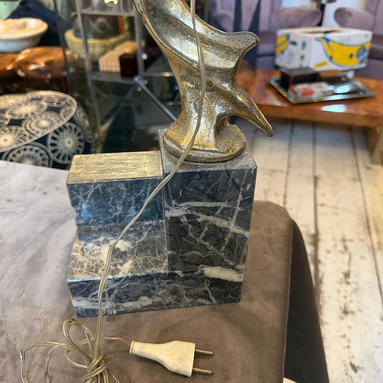 Marble, gilded metal and milk glass table lamp, 1930s 4