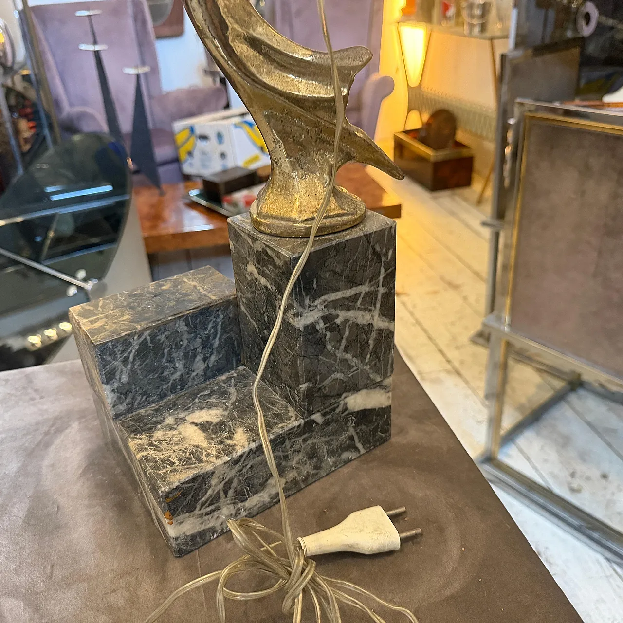 Marble, gilded metal and milk glass table lamp, 1930s 6