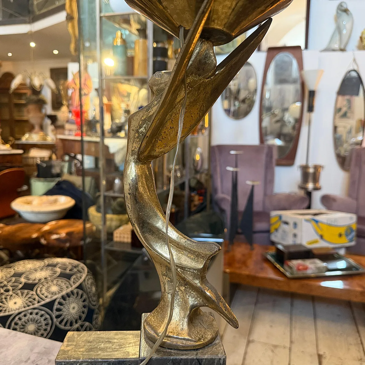 Marble, gilded metal and milk glass table lamp, 1930s 9
