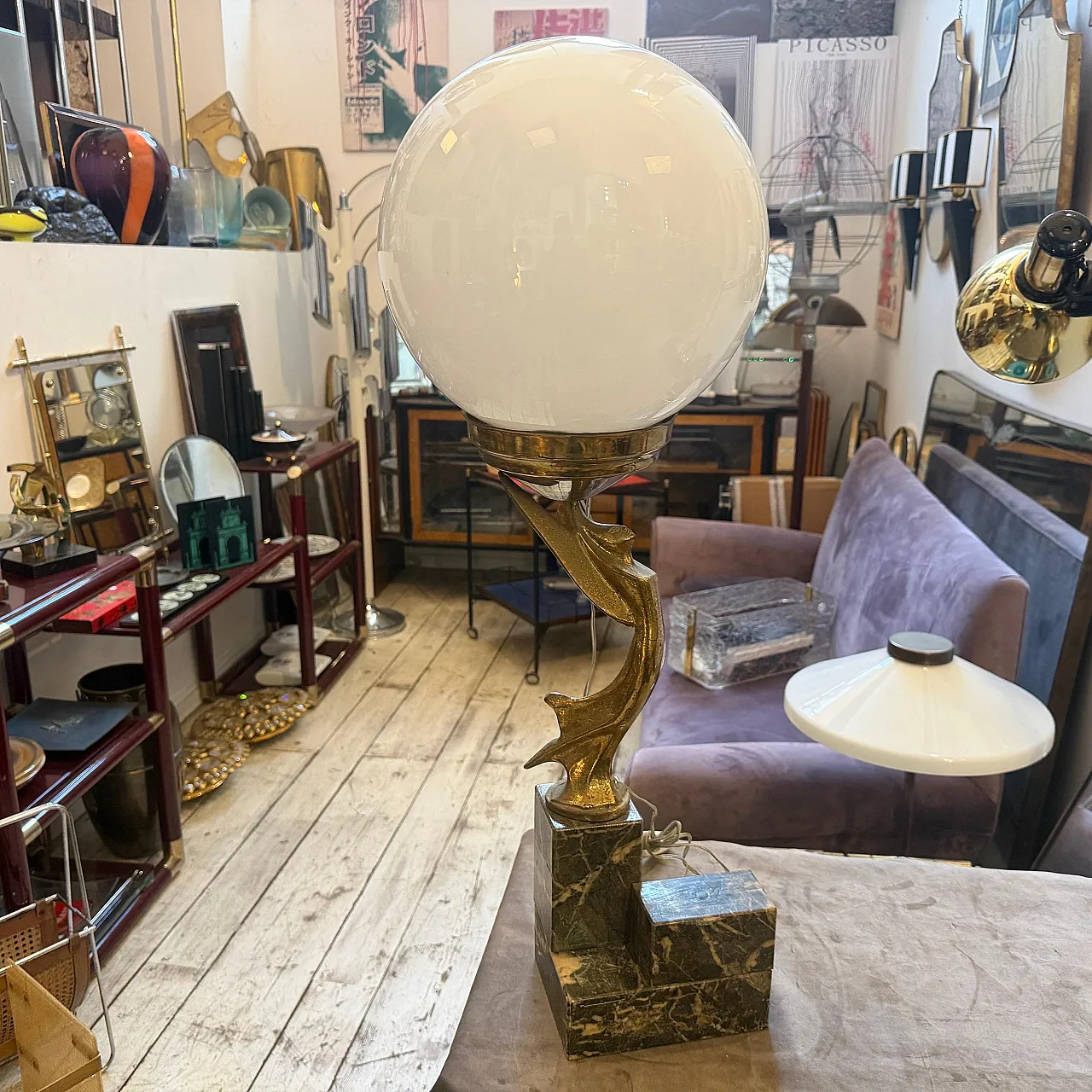 Marble, gilded metal and milk glass table lamp, 1930s 15