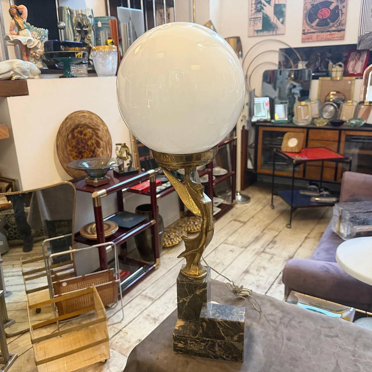 Marble, gilded metal and milk glass table lamp, 1930s 16
