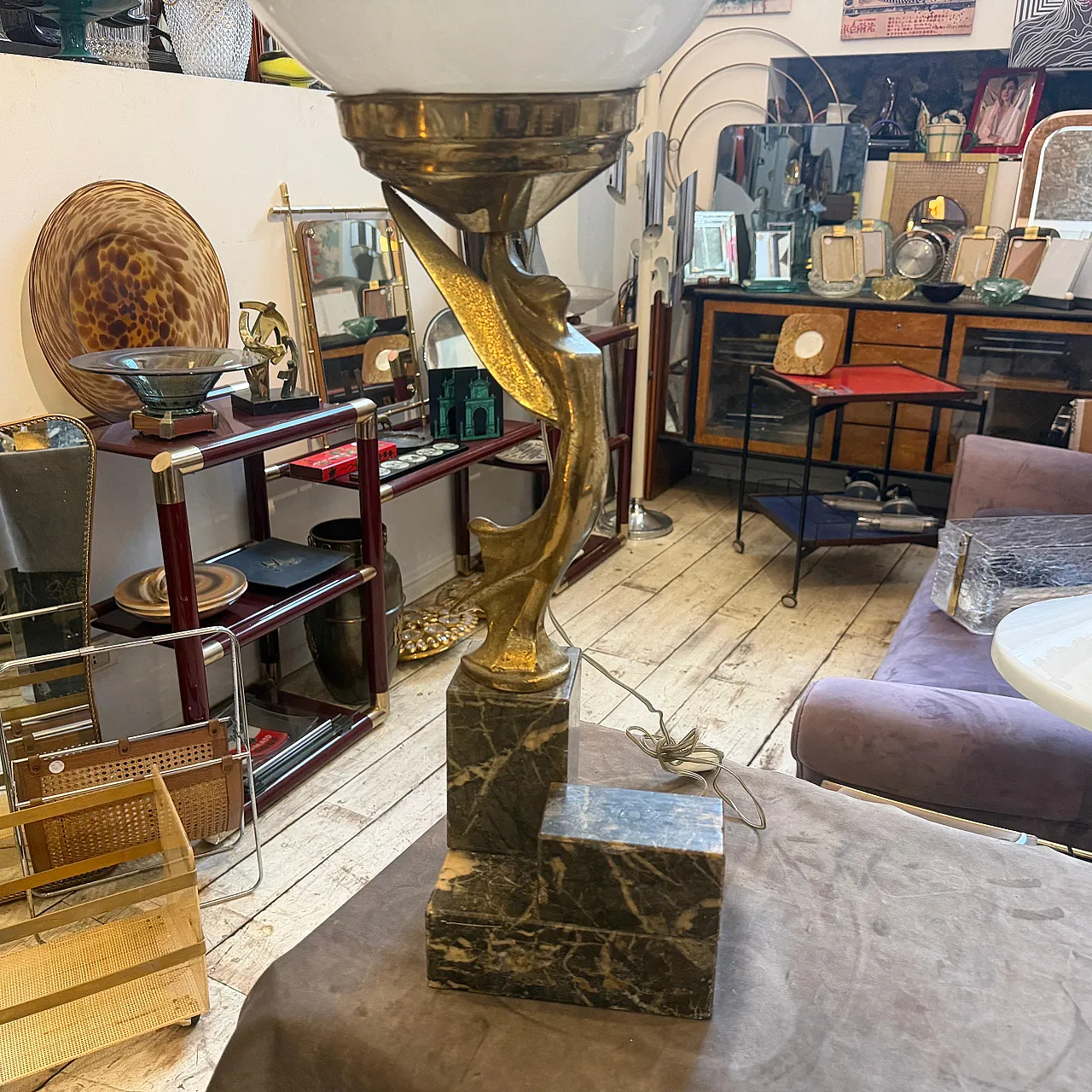 Marble, gilded metal and milk glass table lamp, 1930s 17