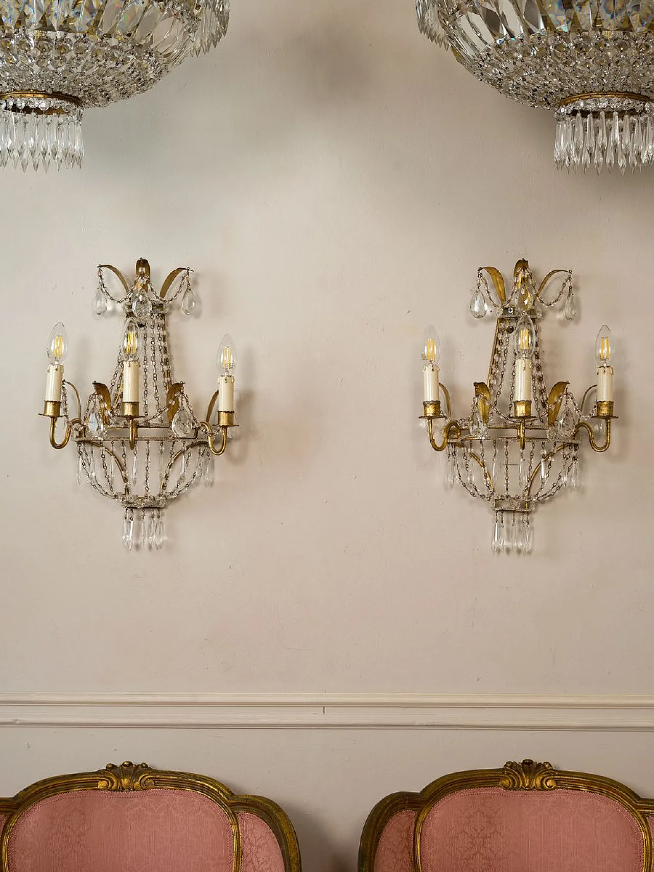 Pair of Empire style three-light wall lights, 1940s 2