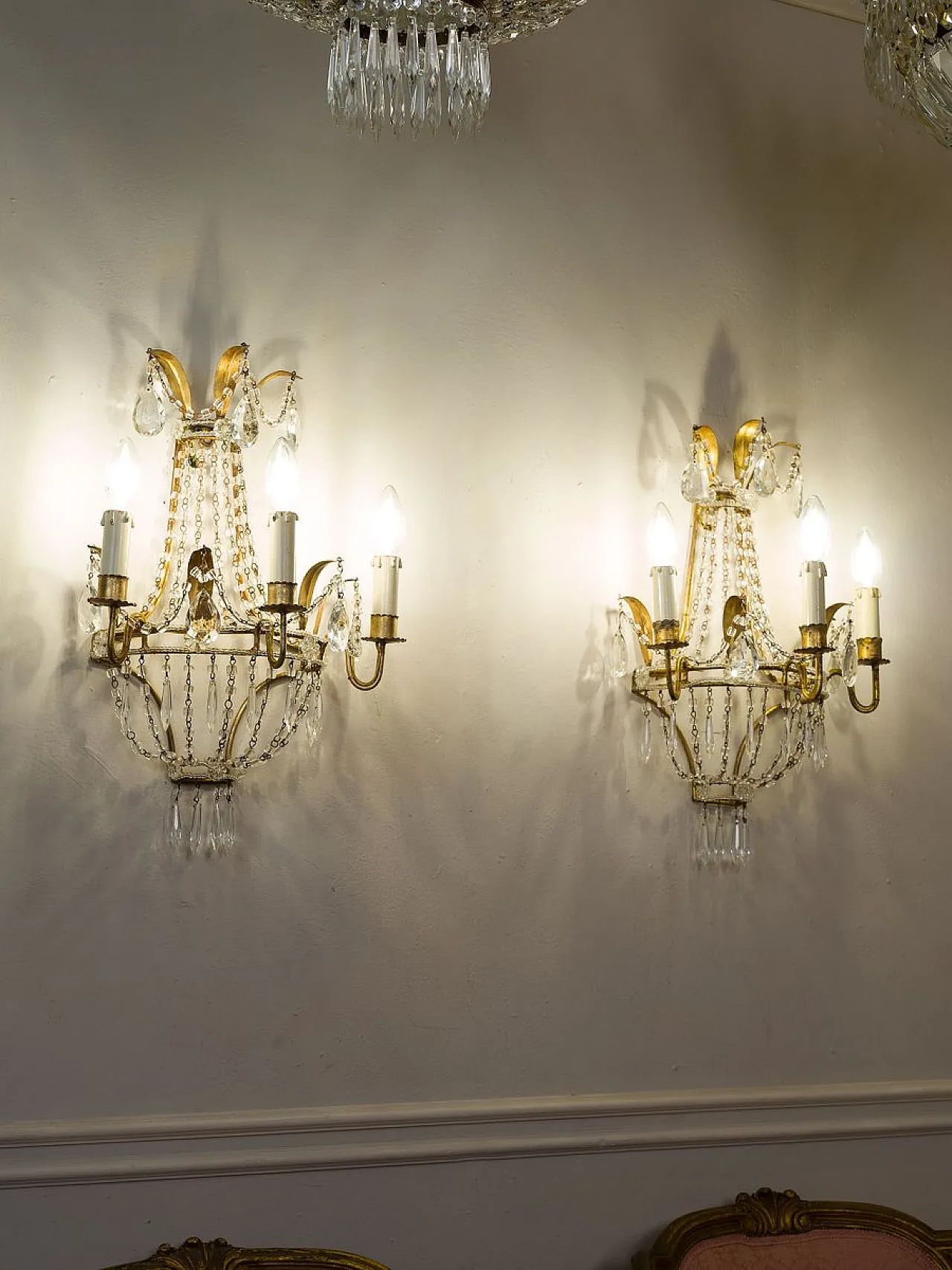 Pair of Empire style three-light wall lights, 1940s 3