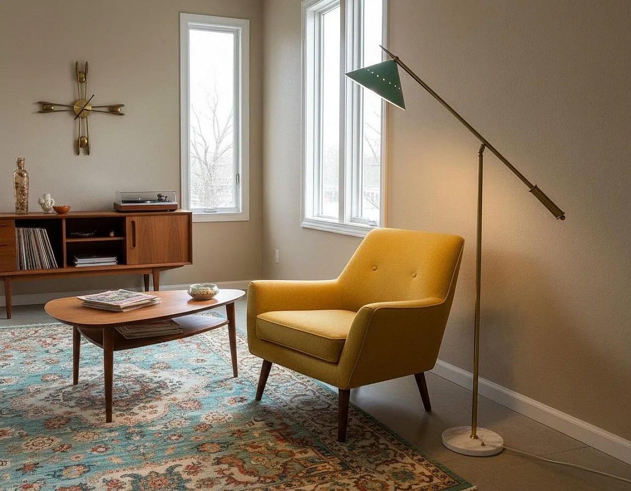 Lampada da terra regolabile in ottone con base in pietra, '900 18