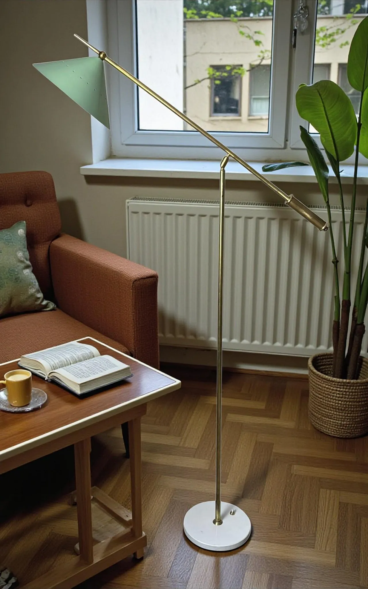 Lampada da terra regolabile in ottone con base in pietra, '900 19