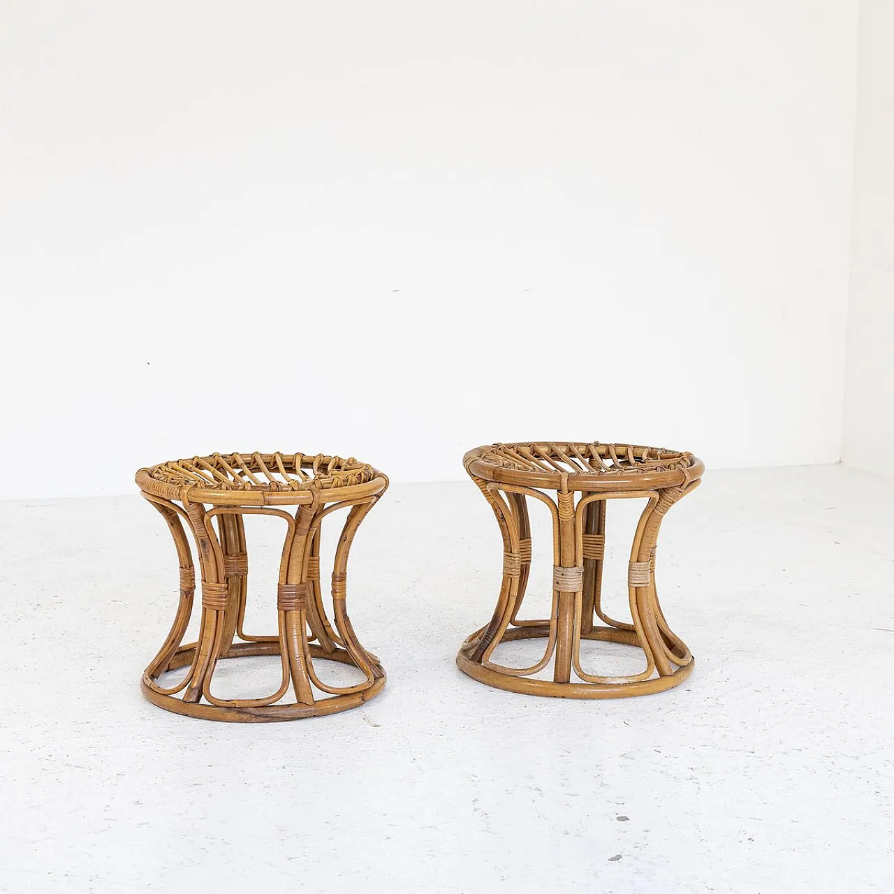 Pair of bamboo and woven rattan stools, 1970s 1