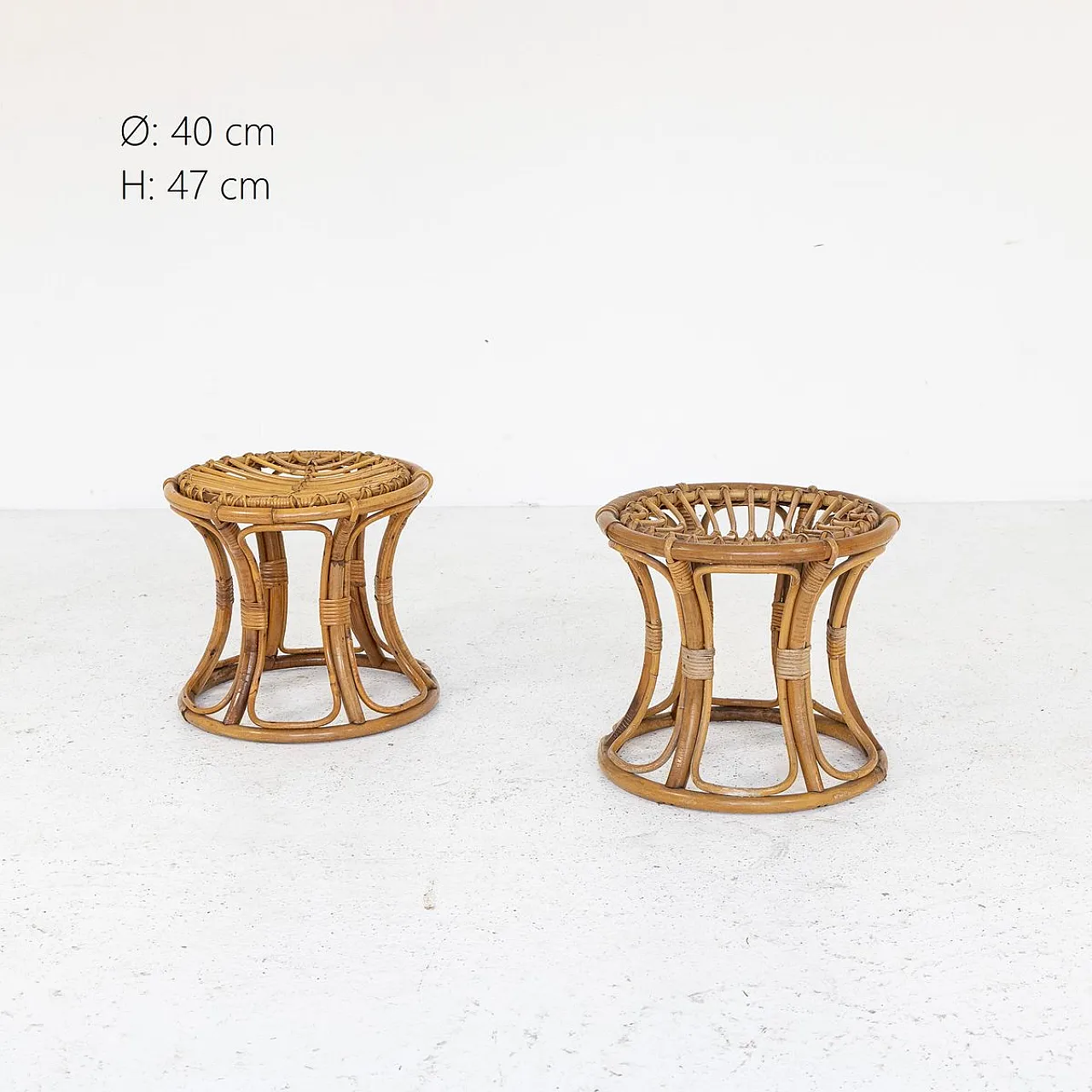 Pair of bamboo and woven rattan stools, 1970s 7