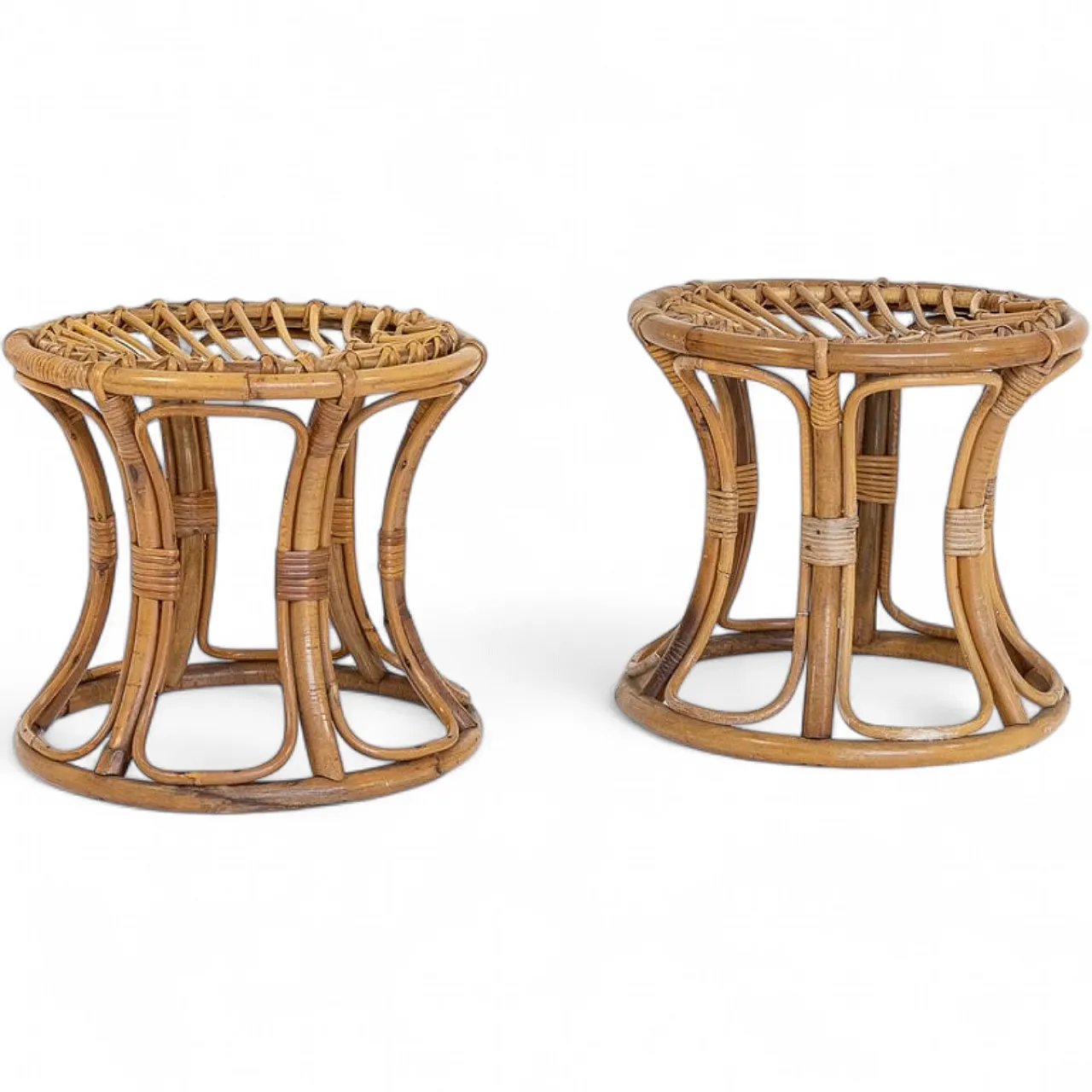 Pair of bamboo and woven rattan stools, 1970s 9