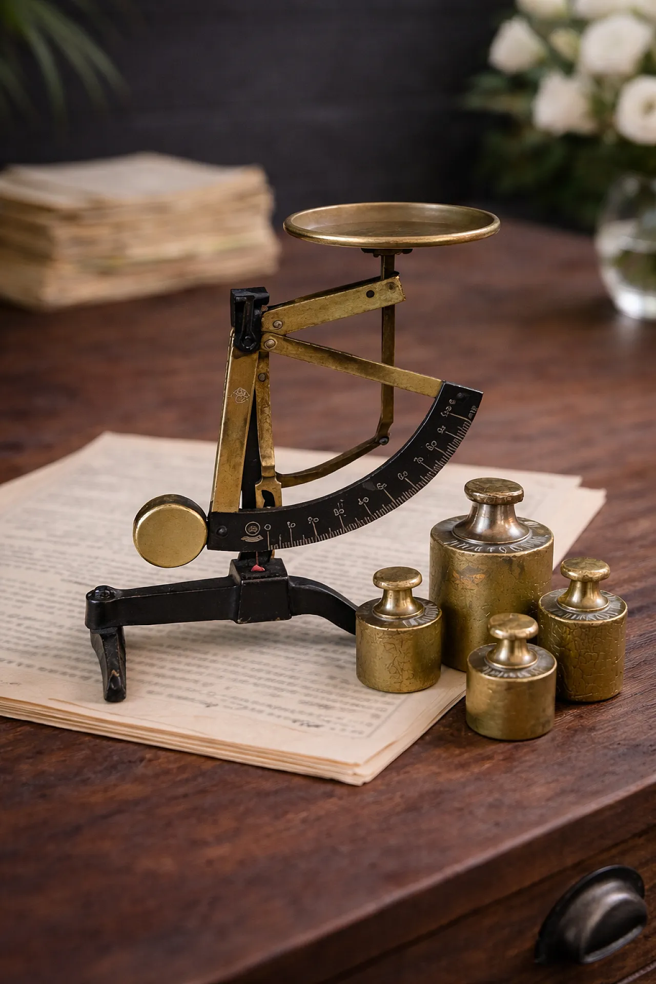 German Letter Scale by Drgm with Brass Weights Set, Early 20th c. 11