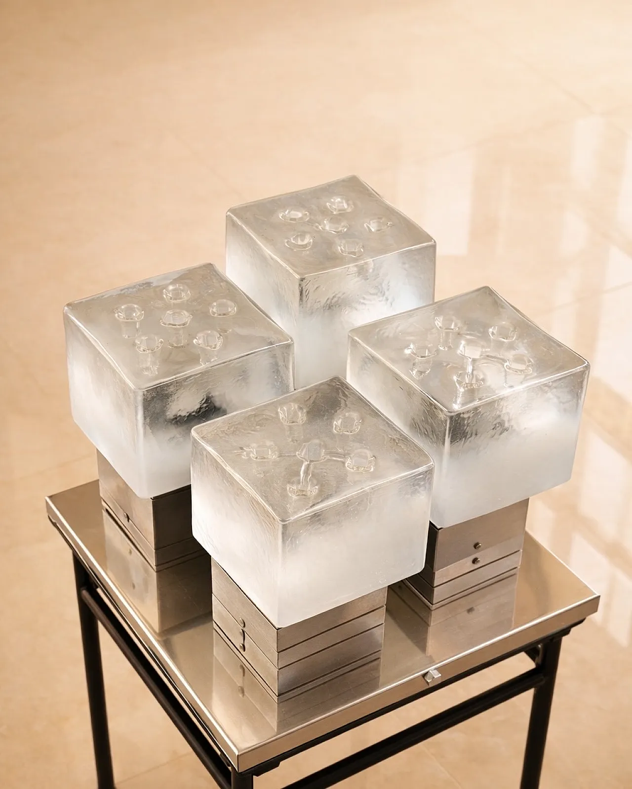Brutalist ceiling light by Gaetano Sciolari ice Glass and Chrome, 70s 1