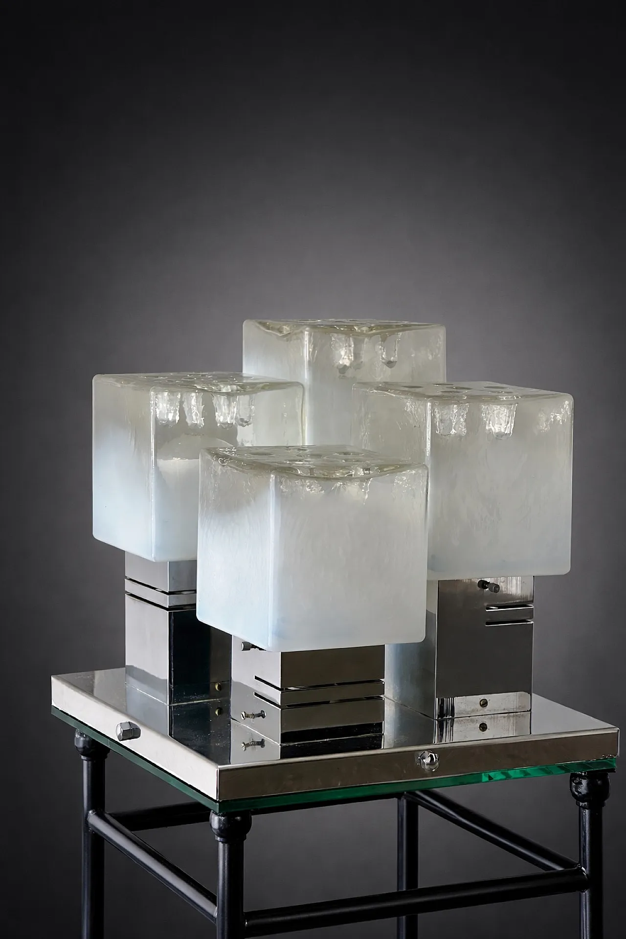 Brutalist ceiling light by Gaetano Sciolari ice Glass and Chrome, 70s 3