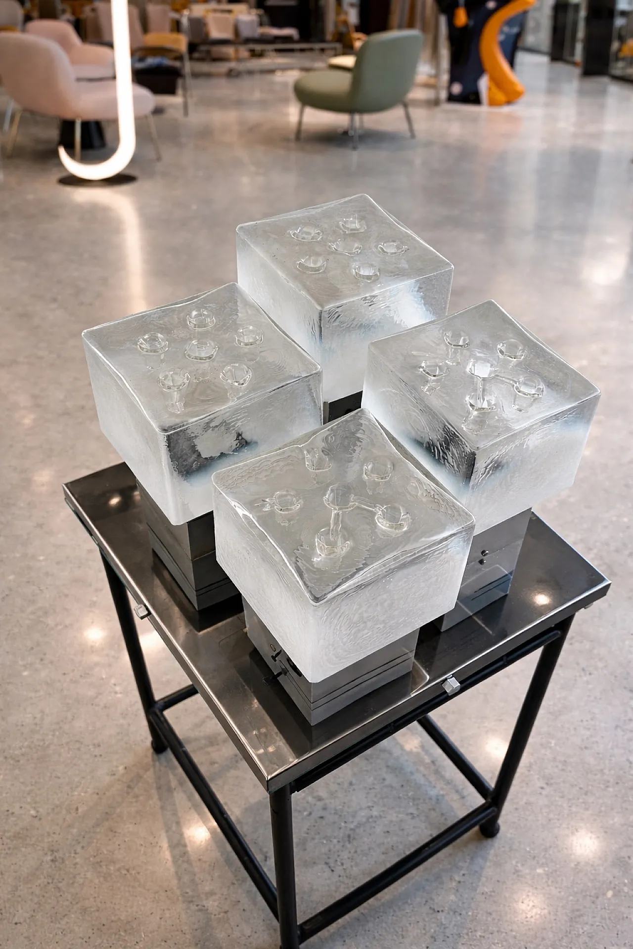Brutalist ceiling light by Gaetano Sciolari ice Glass and Chrome, 70s 5