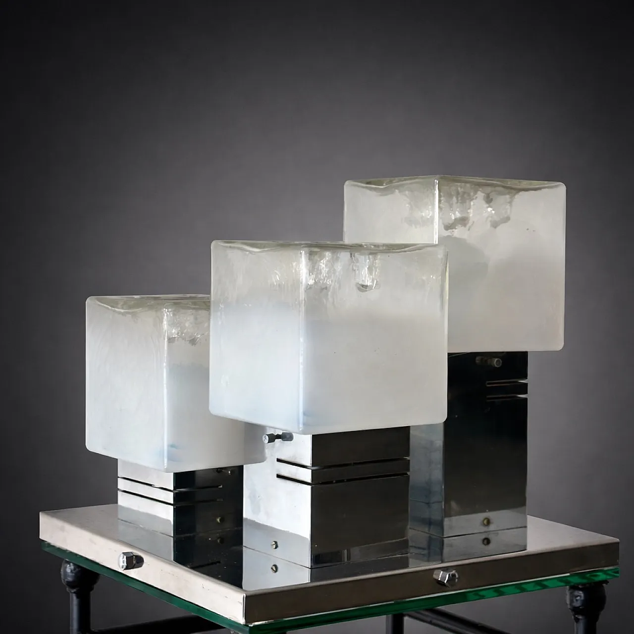 Brutalist ceiling light by Gaetano Sciolari ice Glass and Chrome, 70s 7