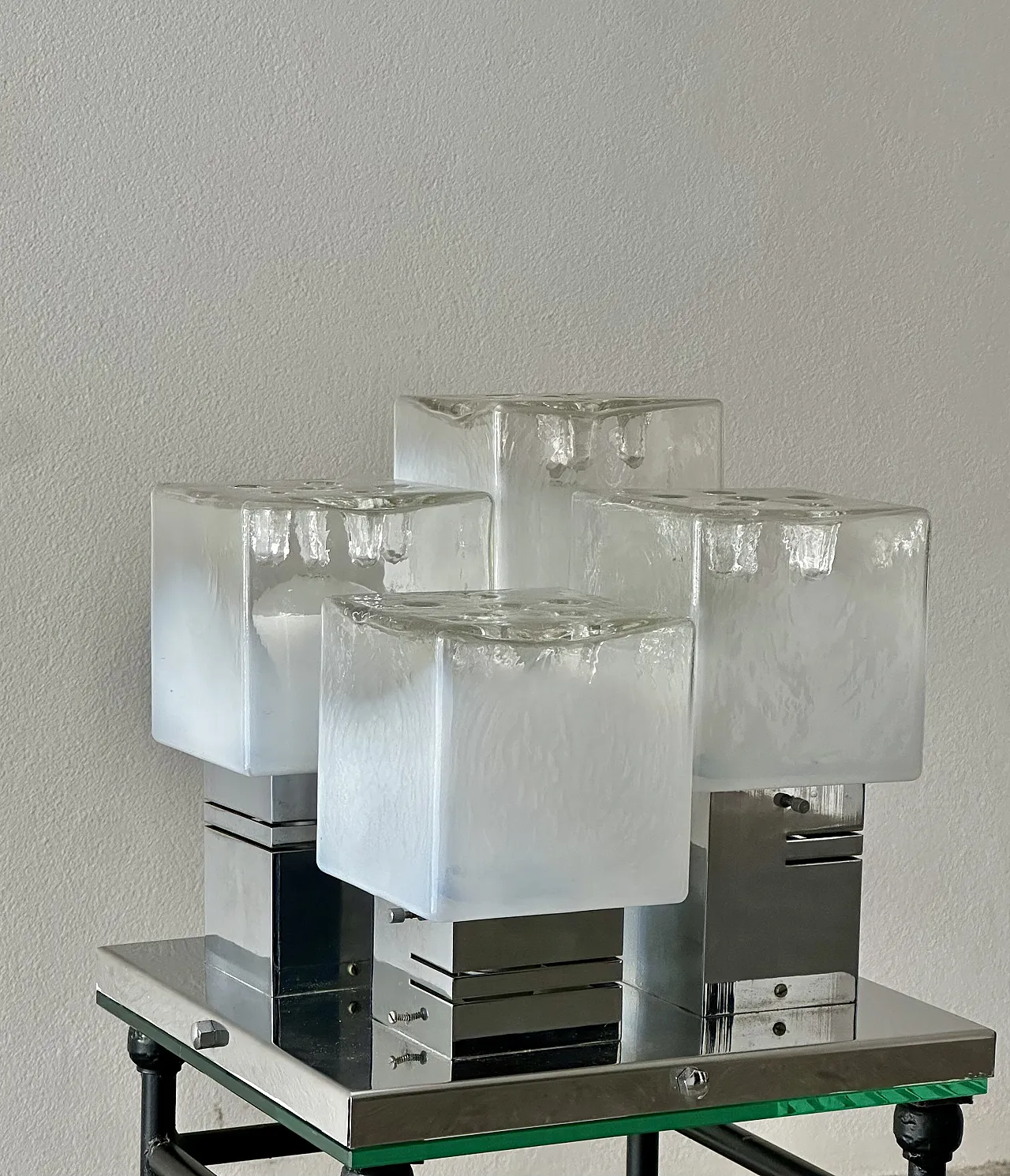 Brutalist ceiling light by Gaetano Sciolari ice Glass and Chrome, 70s 9