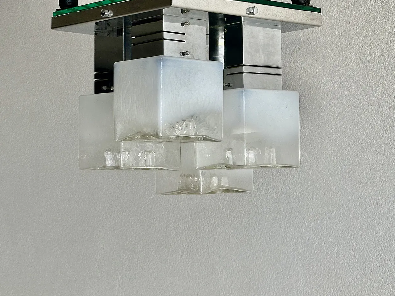 Brutalist ceiling light by Gaetano Sciolari ice Glass and Chrome, 70s 10
