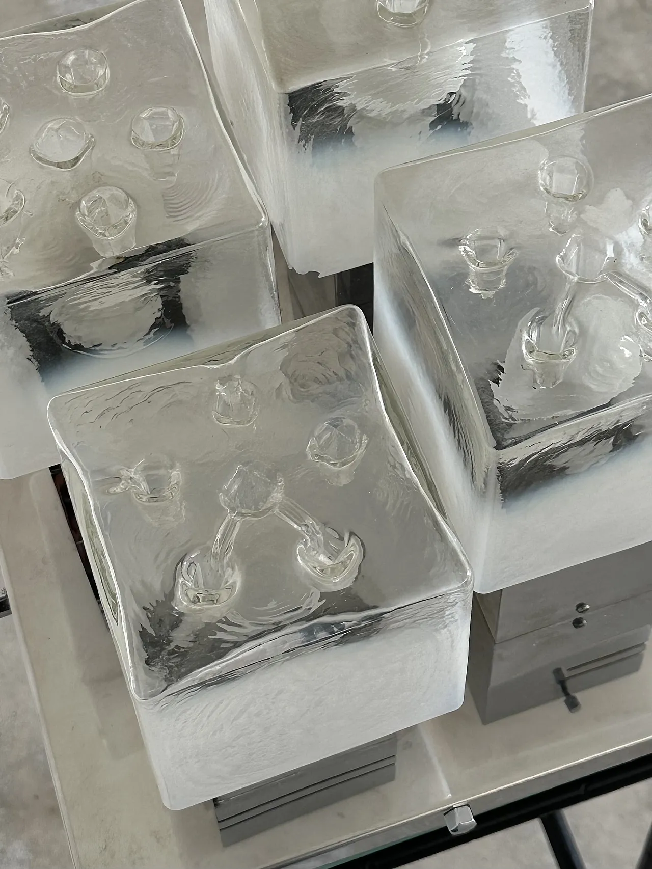 Brutalist ceiling light by Gaetano Sciolari ice Glass and Chrome, 70s 14
