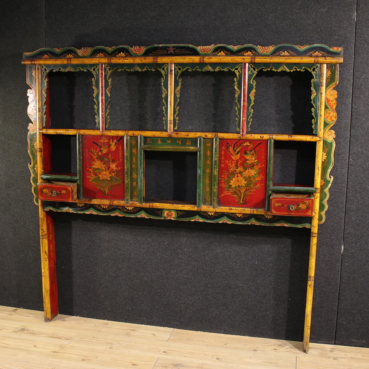 Lacquered and painted Chinese bed headboard, 20th century 13