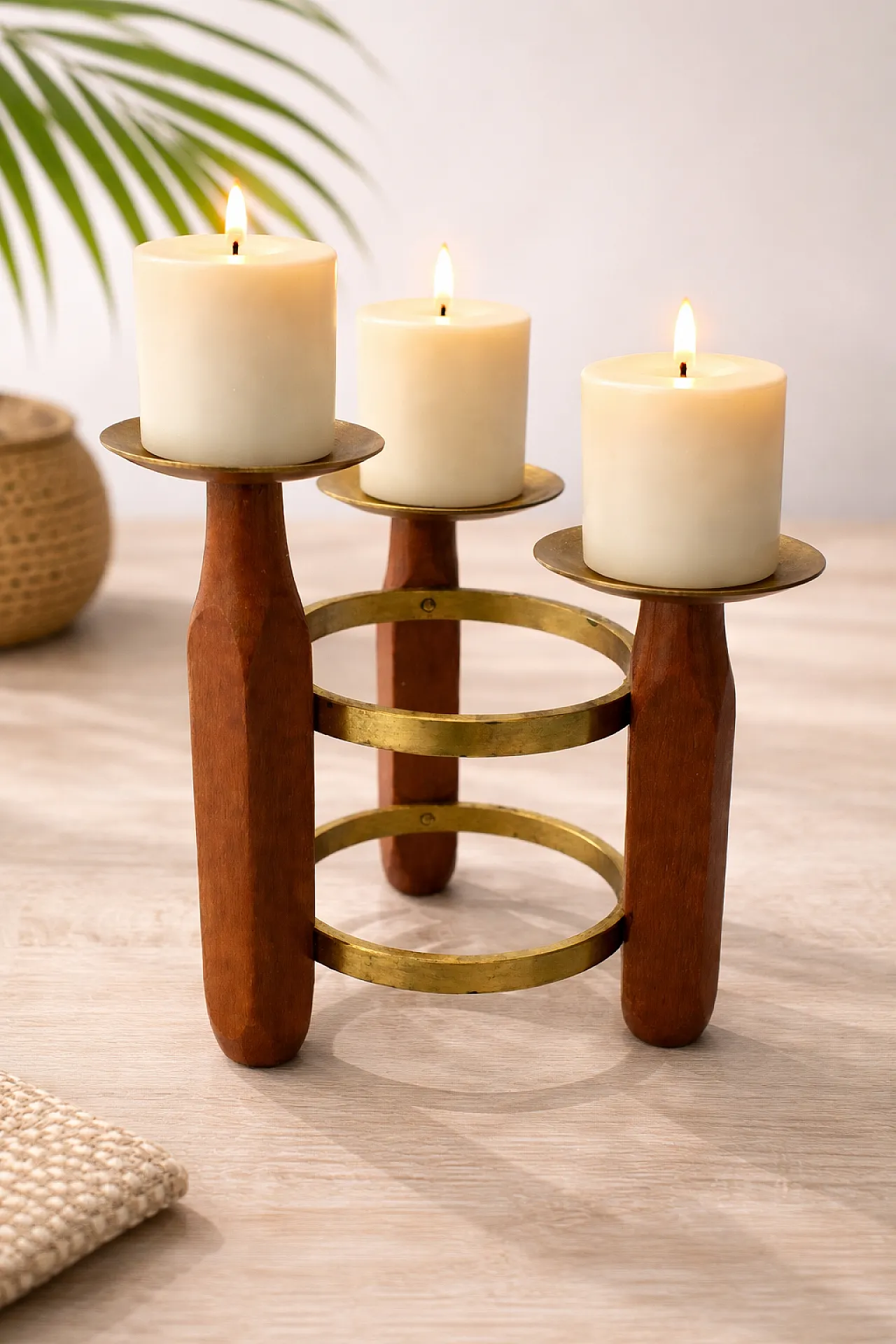 Mid-Century 3-Light Teak & Brass Candlestick, 1960s 1