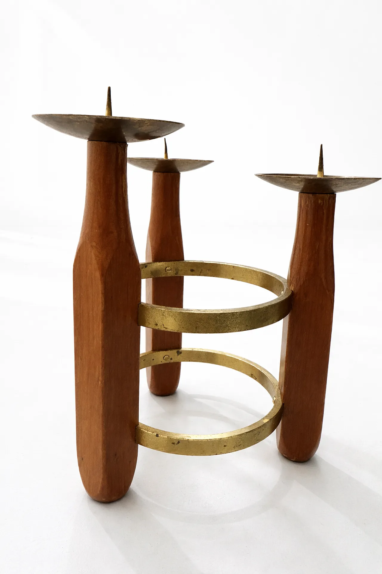 Mid-Century 3-Light Teak & Brass Candlestick, 1960s 4