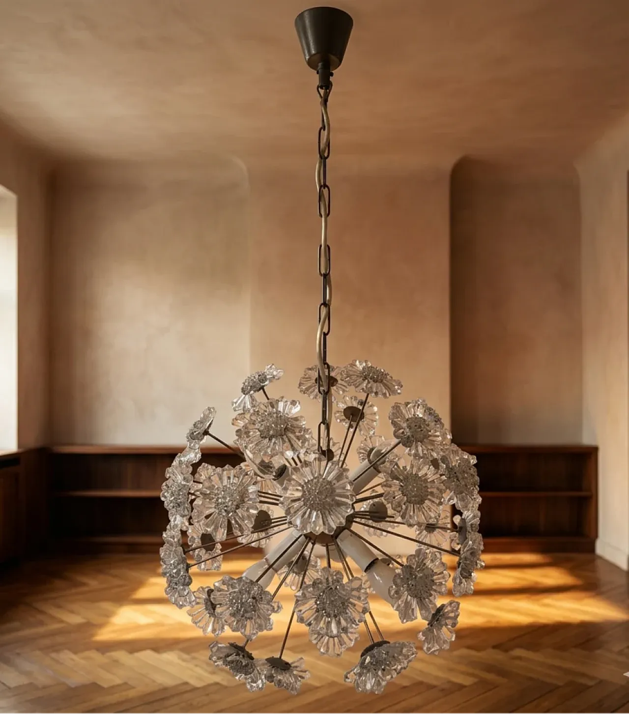 Lampadario Sputnik Dandelion in vetro cromato, Emil Stejnar, anni '70 1