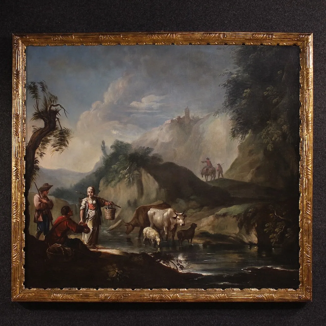 Italian painting landscape with genre scene, 18th century 1