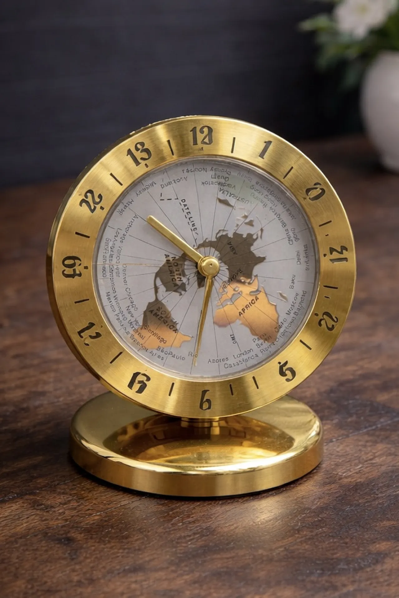 Chass World Time Brass Desk Clock Mid-Century Style, 90s 1