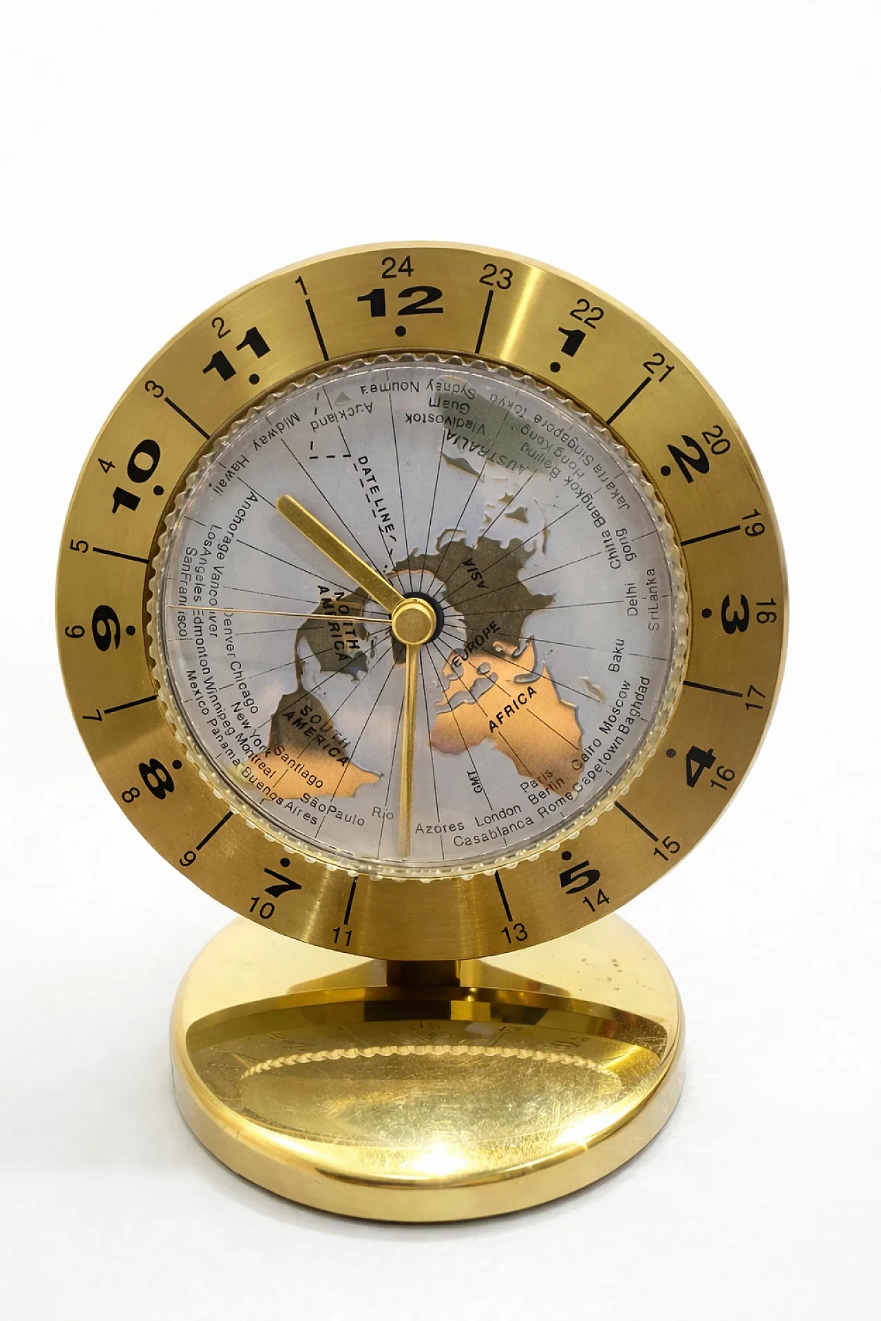 Chass World Time Brass Desk Clock Mid-Century Style, 90s 2