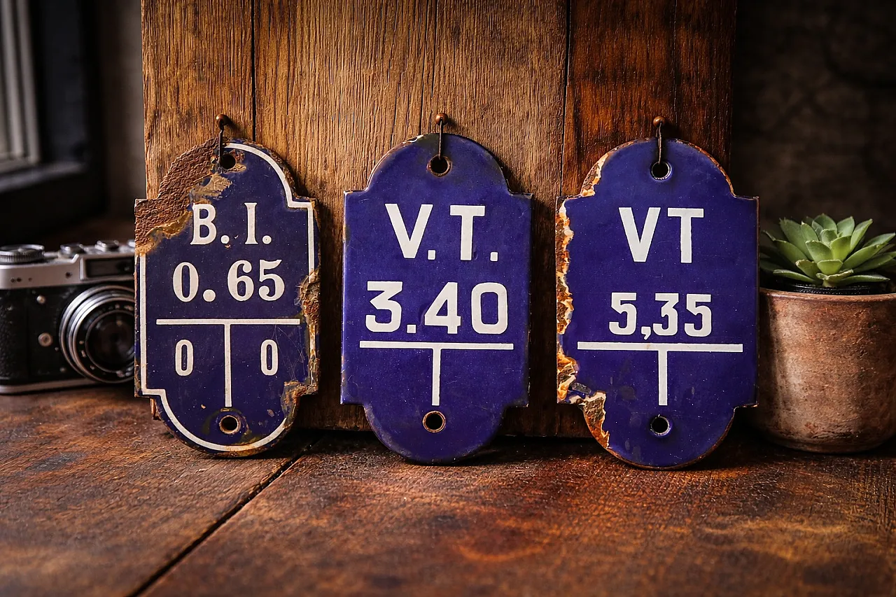 3 Blue Industrial Enamel Signs Belgium, 50s 1