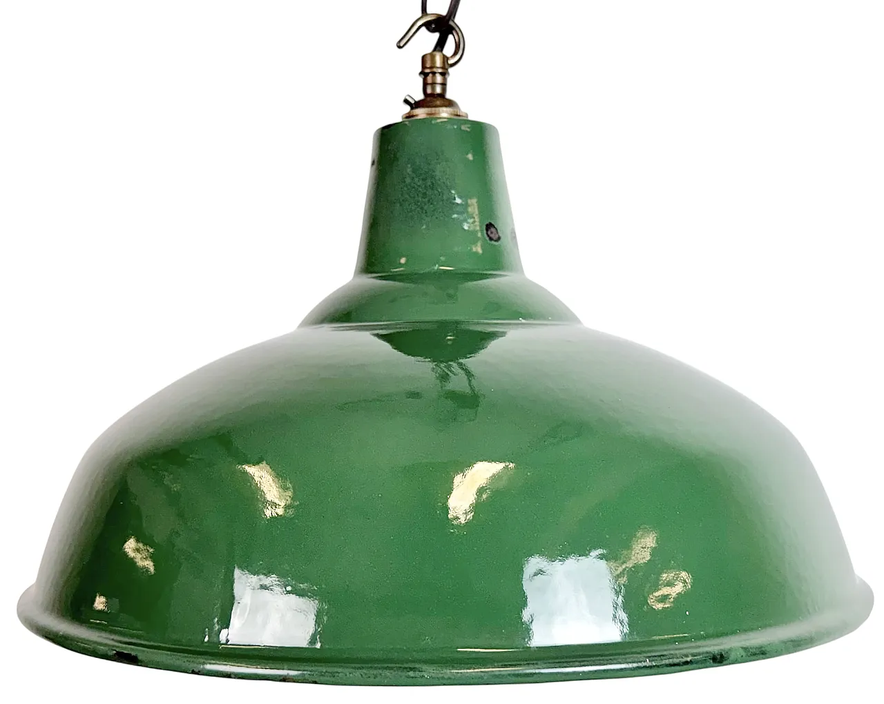 Lampada a sospensione industriale britannica di fabbrica smaltata verde, anni '60 1