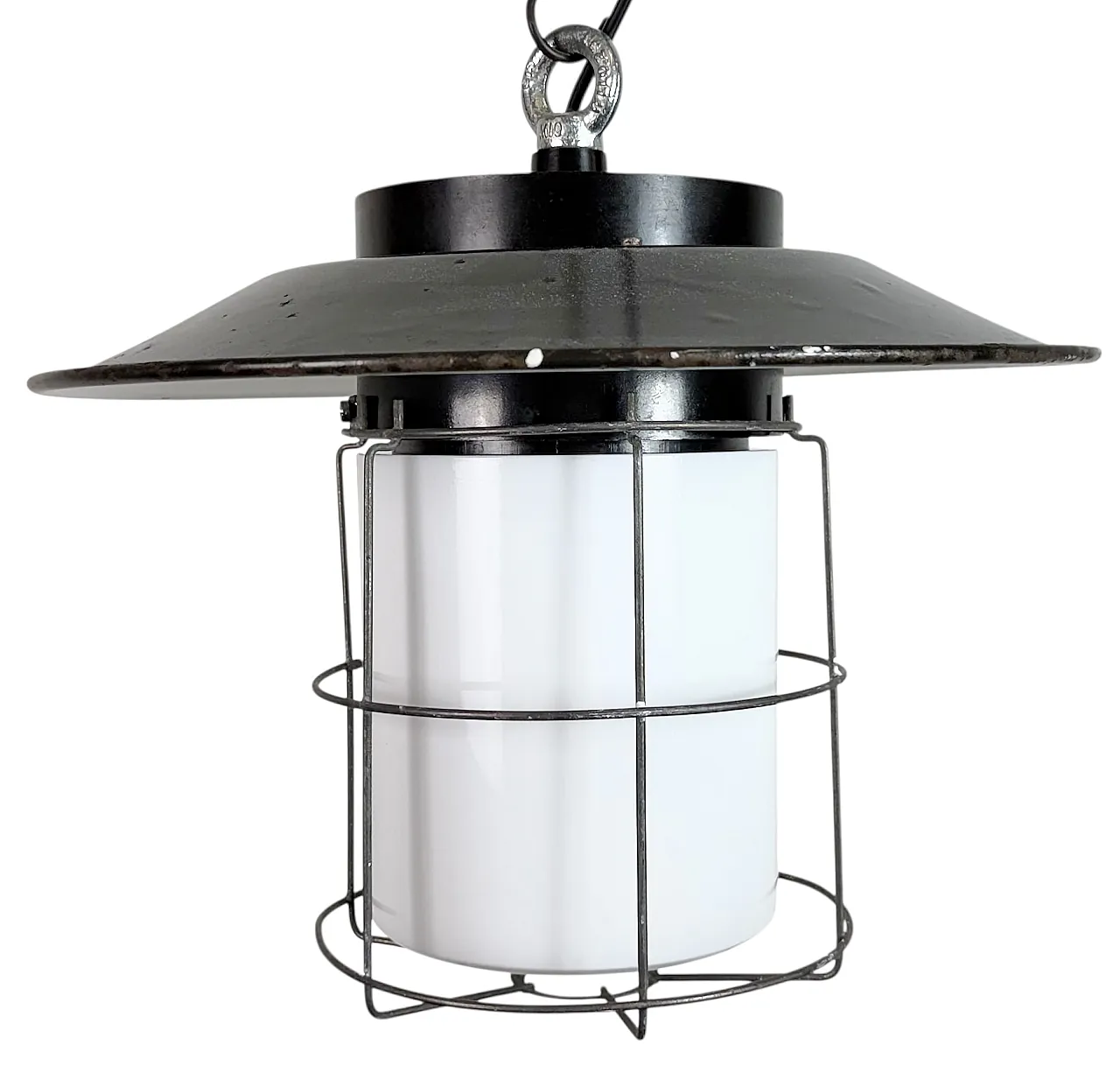 Lampada a sospensione industriale a gabbia in smalto grigio, anni '60 1
