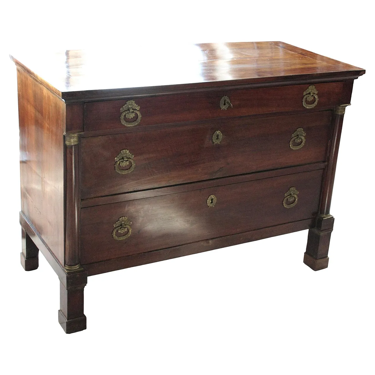 Empire walnut chest of drawers with bronze details, 19th century 1