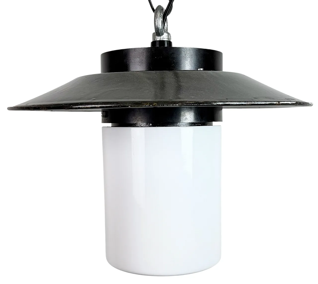 Industrial Grey Enamel Pendant Lamp with Milk Glass, 1960s 1