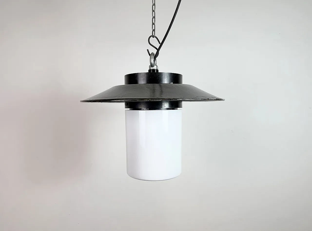 Industrial Grey Enamel Pendant Lamp with Milk Glass, 1960s 2