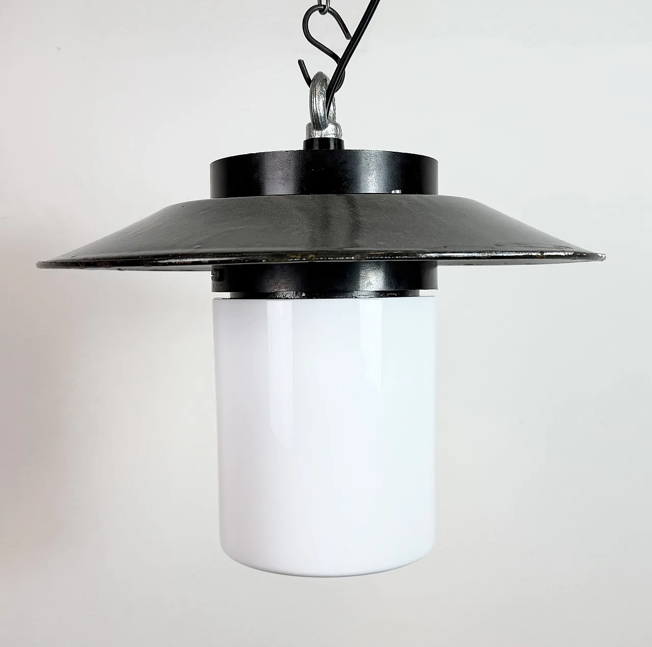 Industrial Grey Enamel Pendant Lamp with Milk Glass, 1960s 3