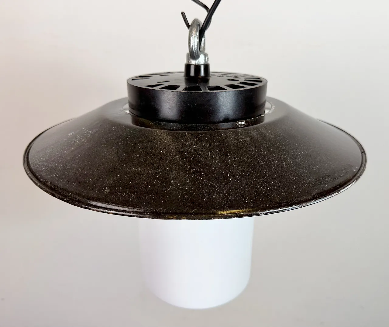 Industrial Grey Enamel Pendant Lamp with Milk Glass, 1960s 4