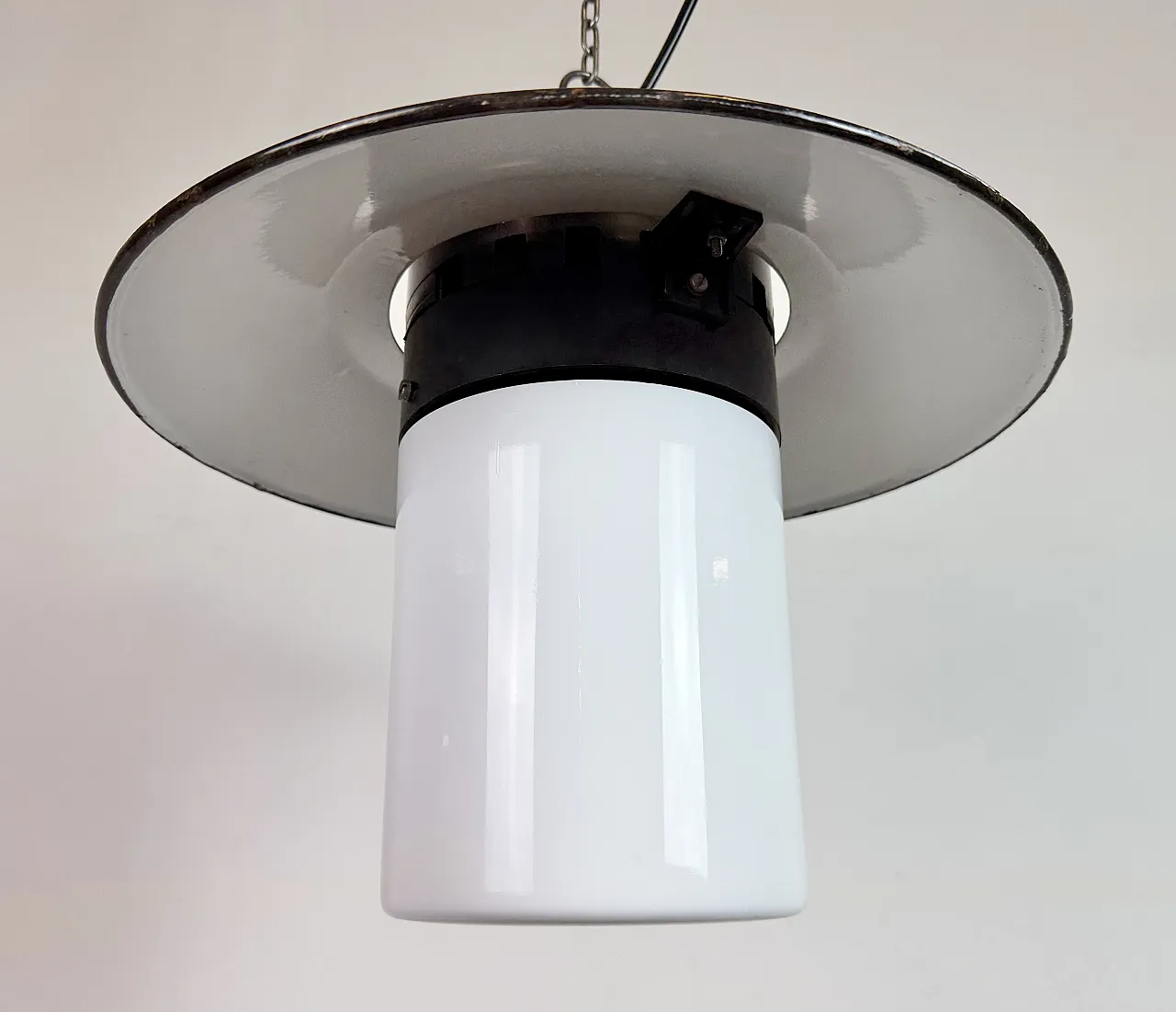 Industrial Grey Enamel Pendant Lamp with Milk Glass, 1960s 5