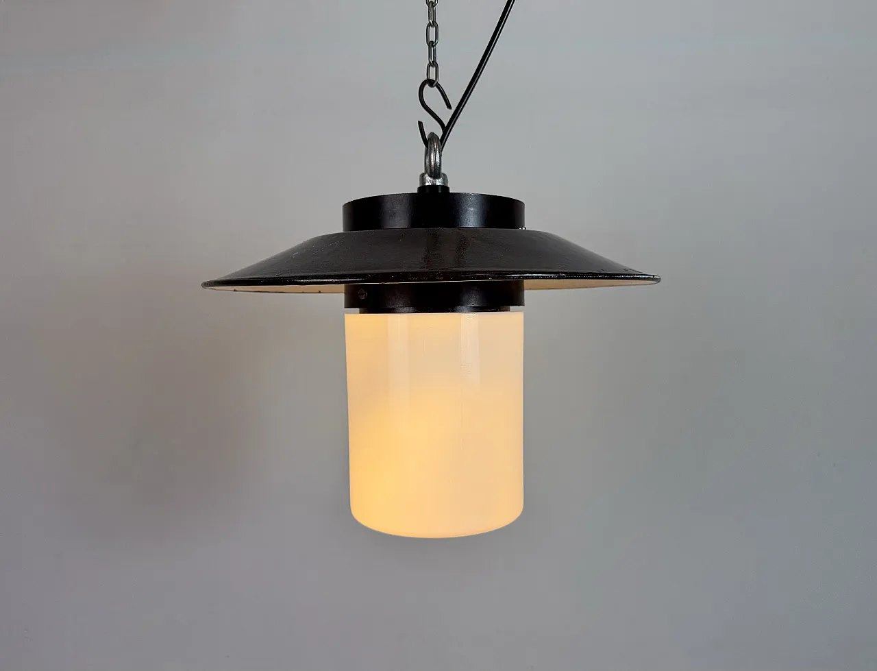 Industrial Grey Enamel Pendant Lamp with Milk Glass, 1960s 10