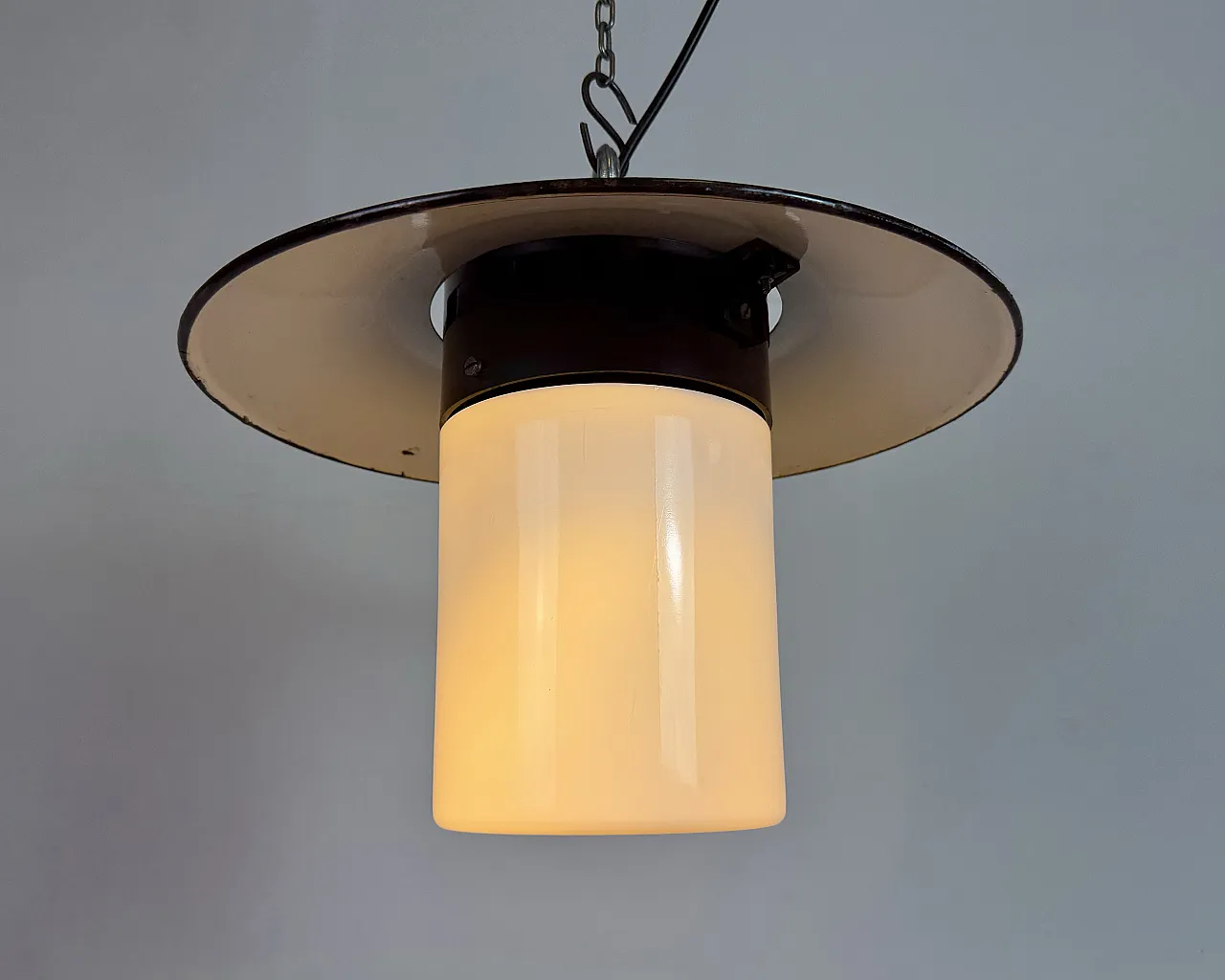 Industrial Grey Enamel Pendant Lamp with Milk Glass, 1960s 11