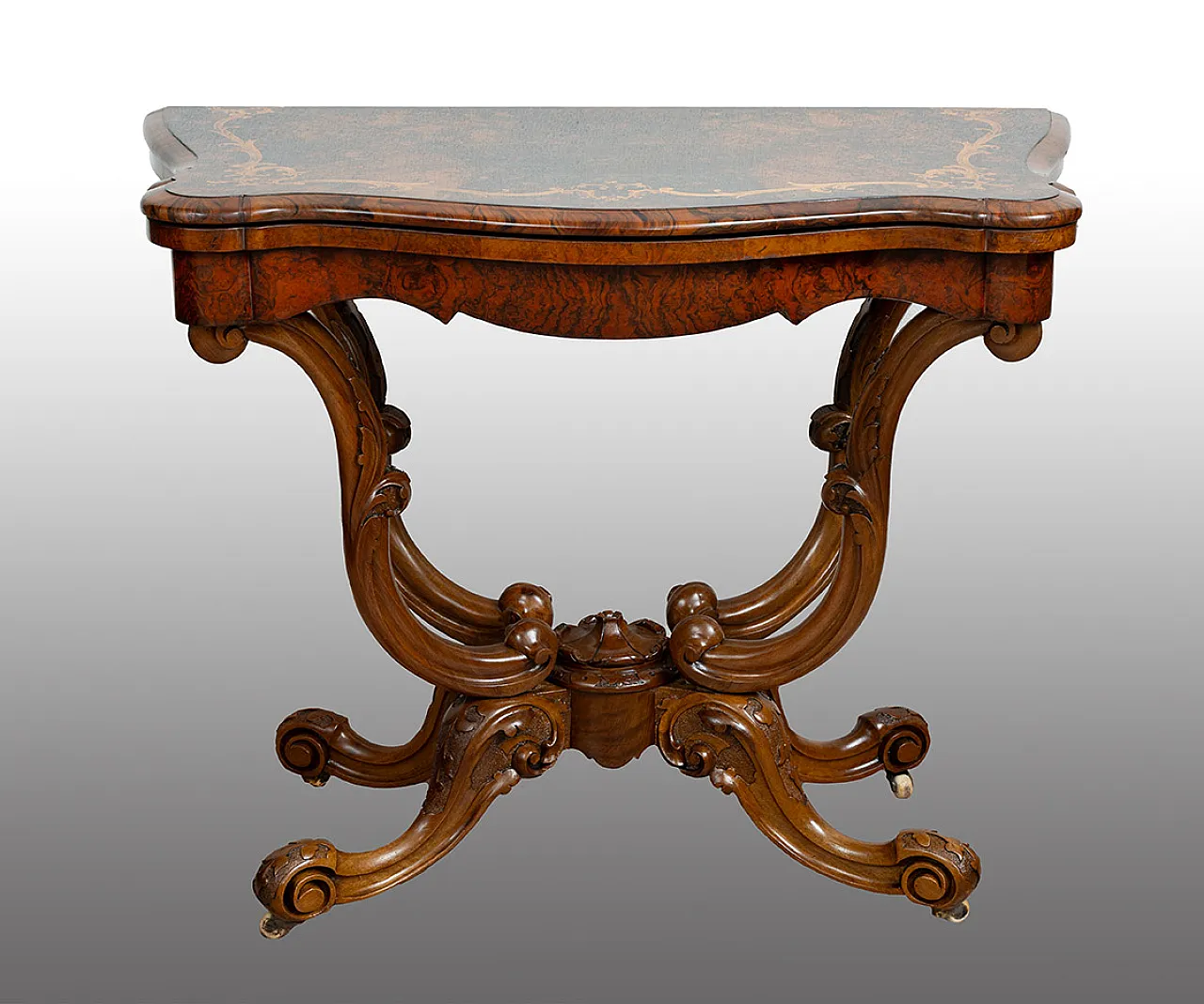 Victorian game table in walnut root, 19th century 1