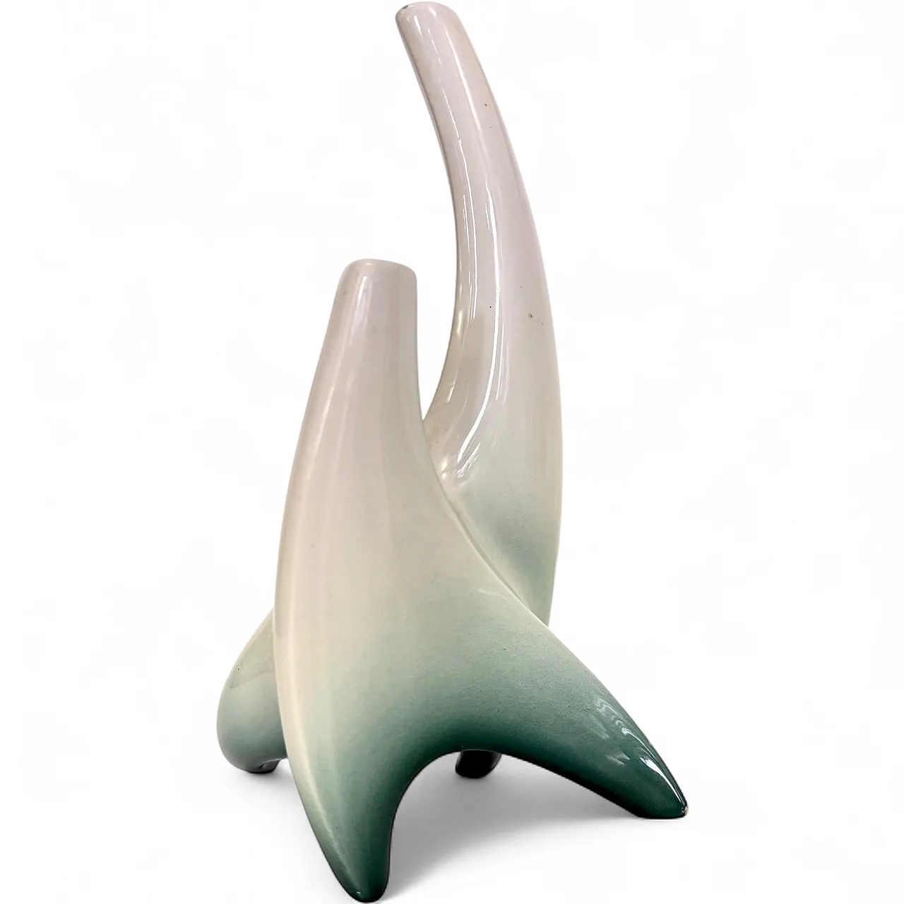 Scultura a forma di vaso di fiori in ceramica avorio e verde, anni '50 16