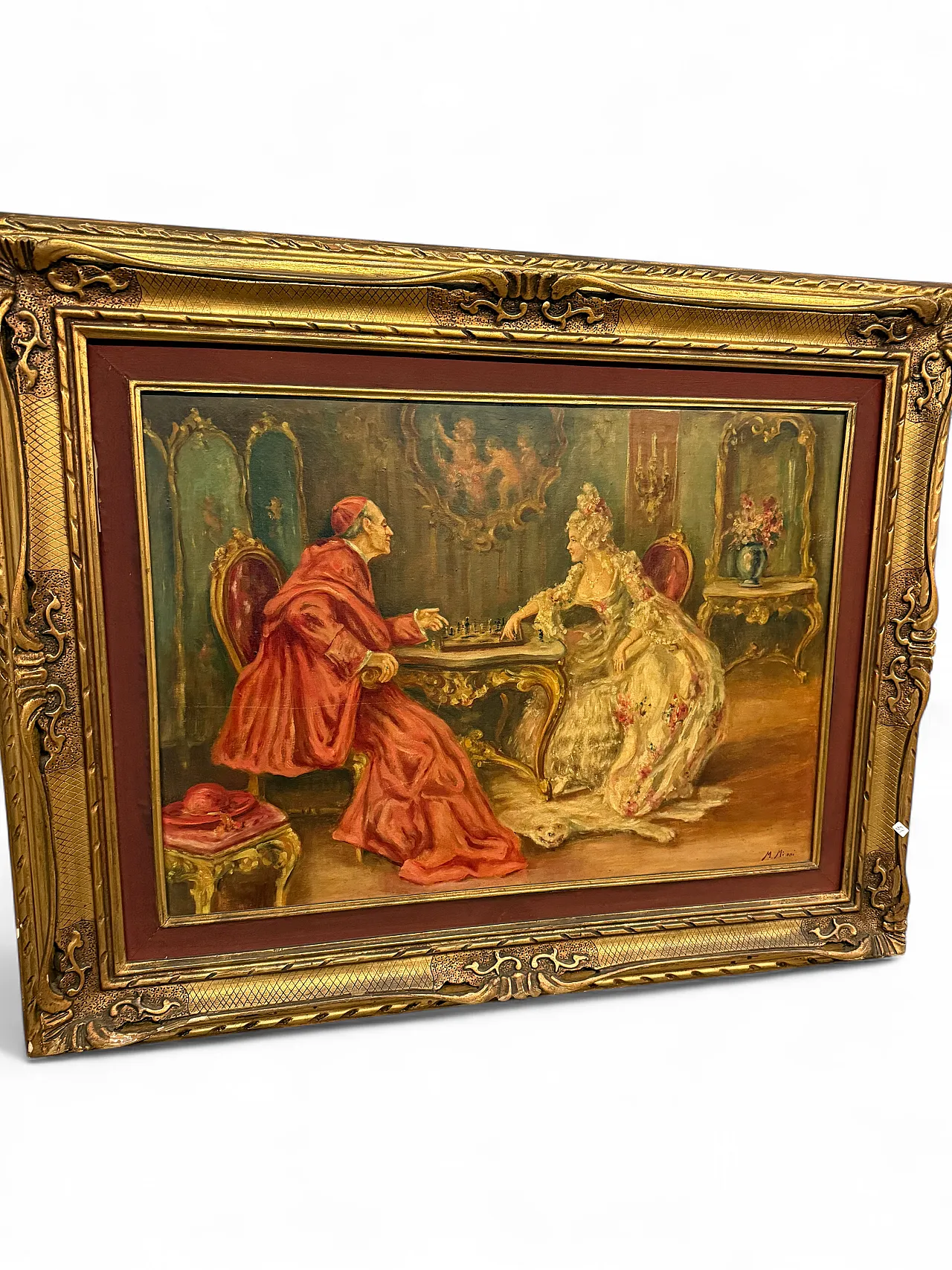 Oil painting on canvas Cardinal and Lady playing chess, Mironi, 1950 11